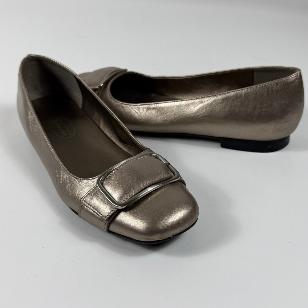 Talbots Ballet Flats Women 7B Metallic Bronze Leather Buckle Square Toe Classic